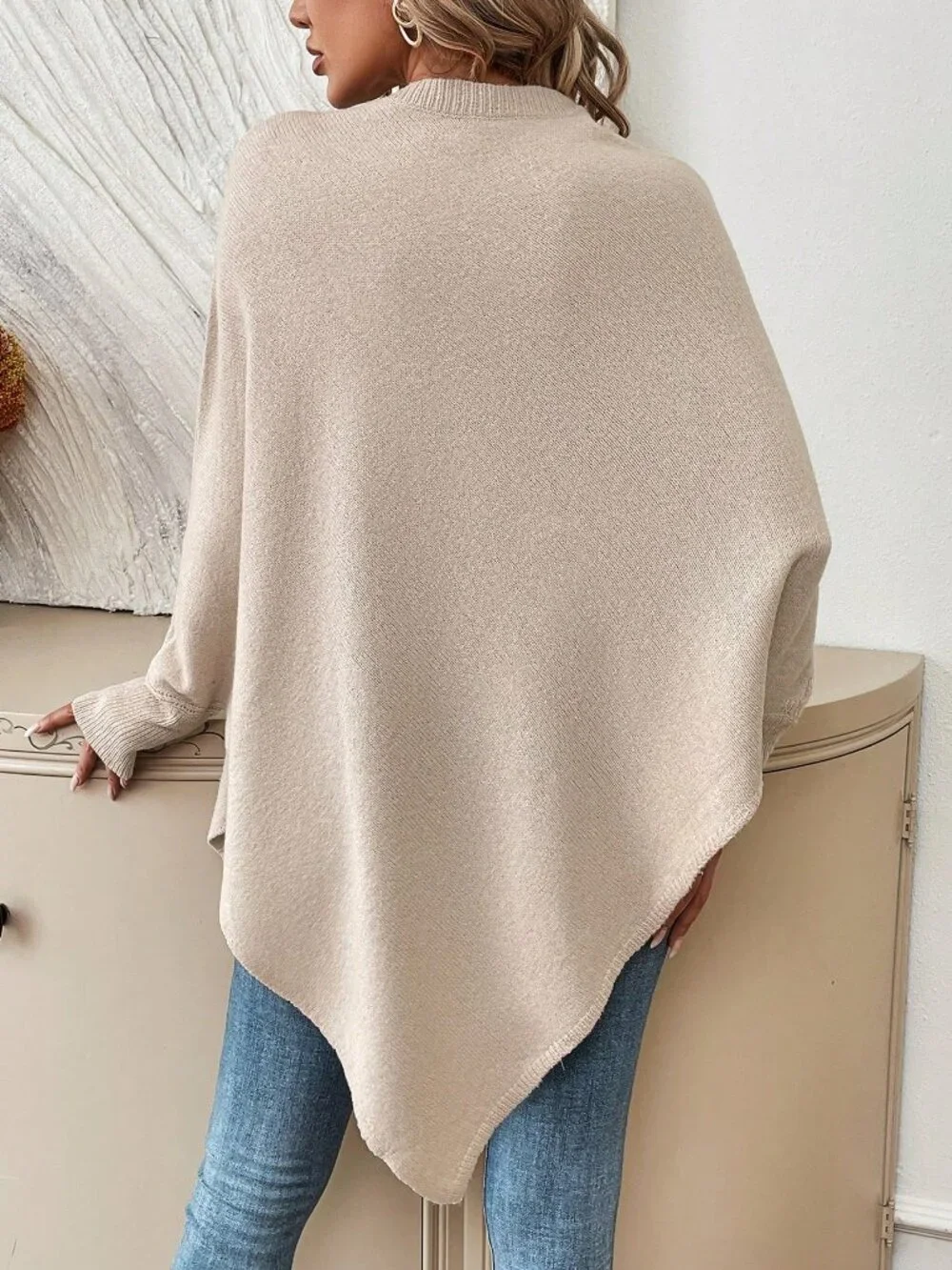 Apricot Casual Women's Floral Pattern Batwing Sleeve Asymmetrical Hem Sweater